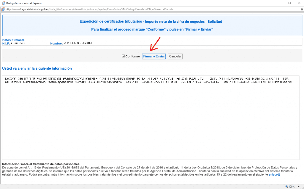 Conformidad con los datos en la solicitud del Certificado Importe neto de la cifra de negocios.